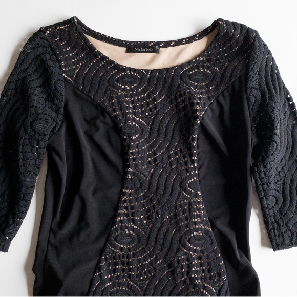 Nadya Toto Bodycon Dress Black Lace Knit Midi Length Womens Size Medium Stretchy - Picture 3 of 11